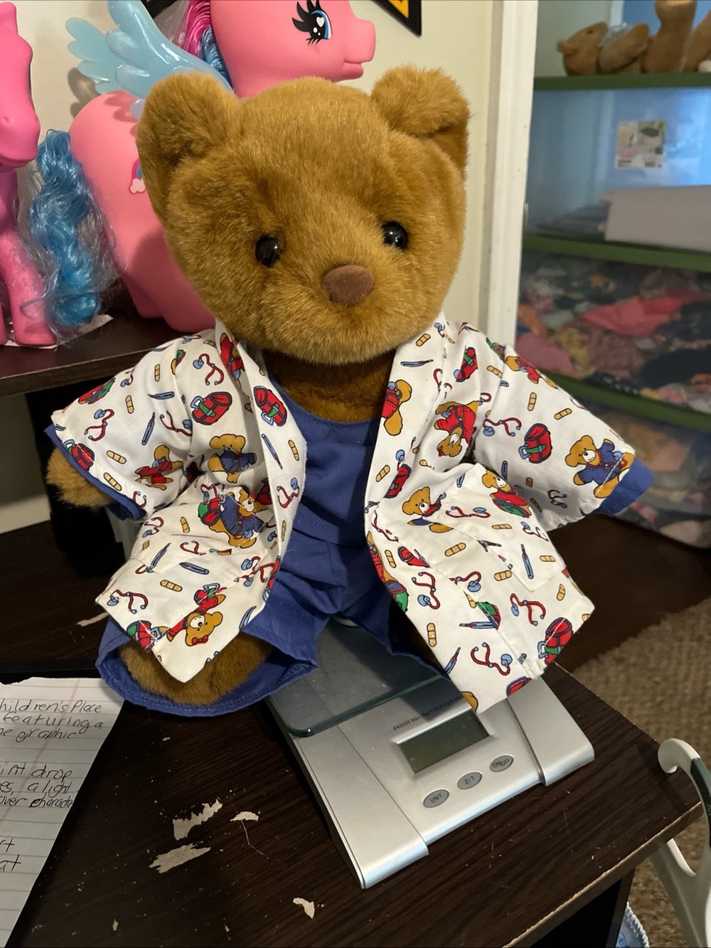 Build-A-Bear Brown Teddy in White Printed Medical Scrub Jacket and Navy Outfit